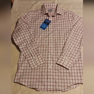 Haggar Premium Comfort Men's Red and White Plaid Shirt Slim Fit 15-15.5 34/35